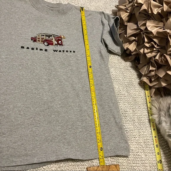 Raging Waters Embroidered Woodie Station Wagon Surfboard Gray Crewneck T Shirt